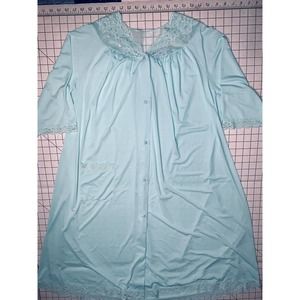 Vtg Shadowline Robe Peignoir Size Large Blue Nylon Rosebud Lace Button USA GUC